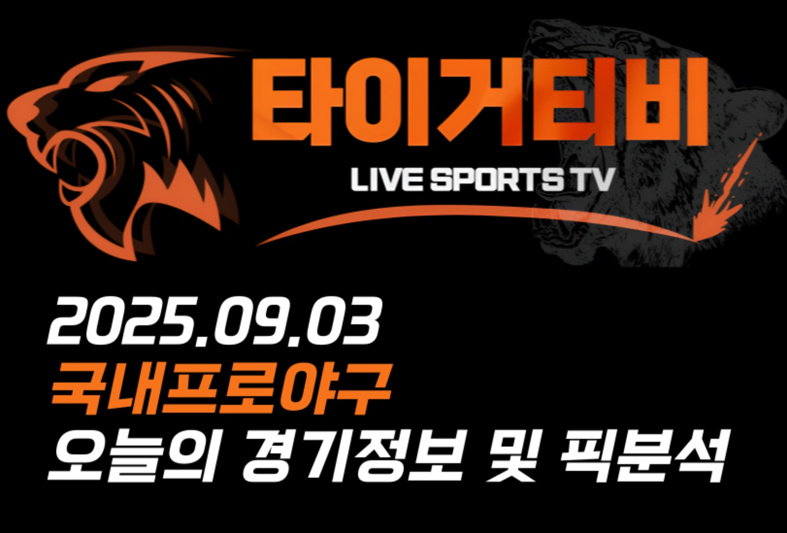 타이거티비 로고와 함께 2025년 9월 3일 국내 프로야구 오늘의 경기 정보 및 픽 분석 안내 이미지