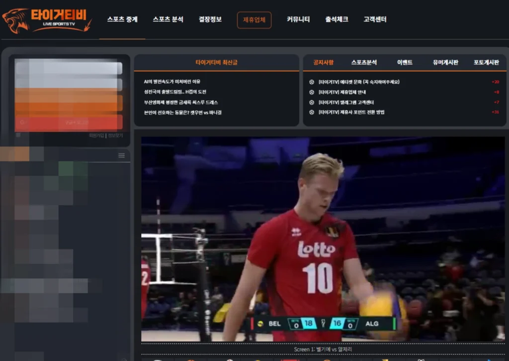 스포츠중계 타이거티비 실시간 스포츠중계에서 배구 경기 벨기에와 알제리의 경기를 보여주는 장면